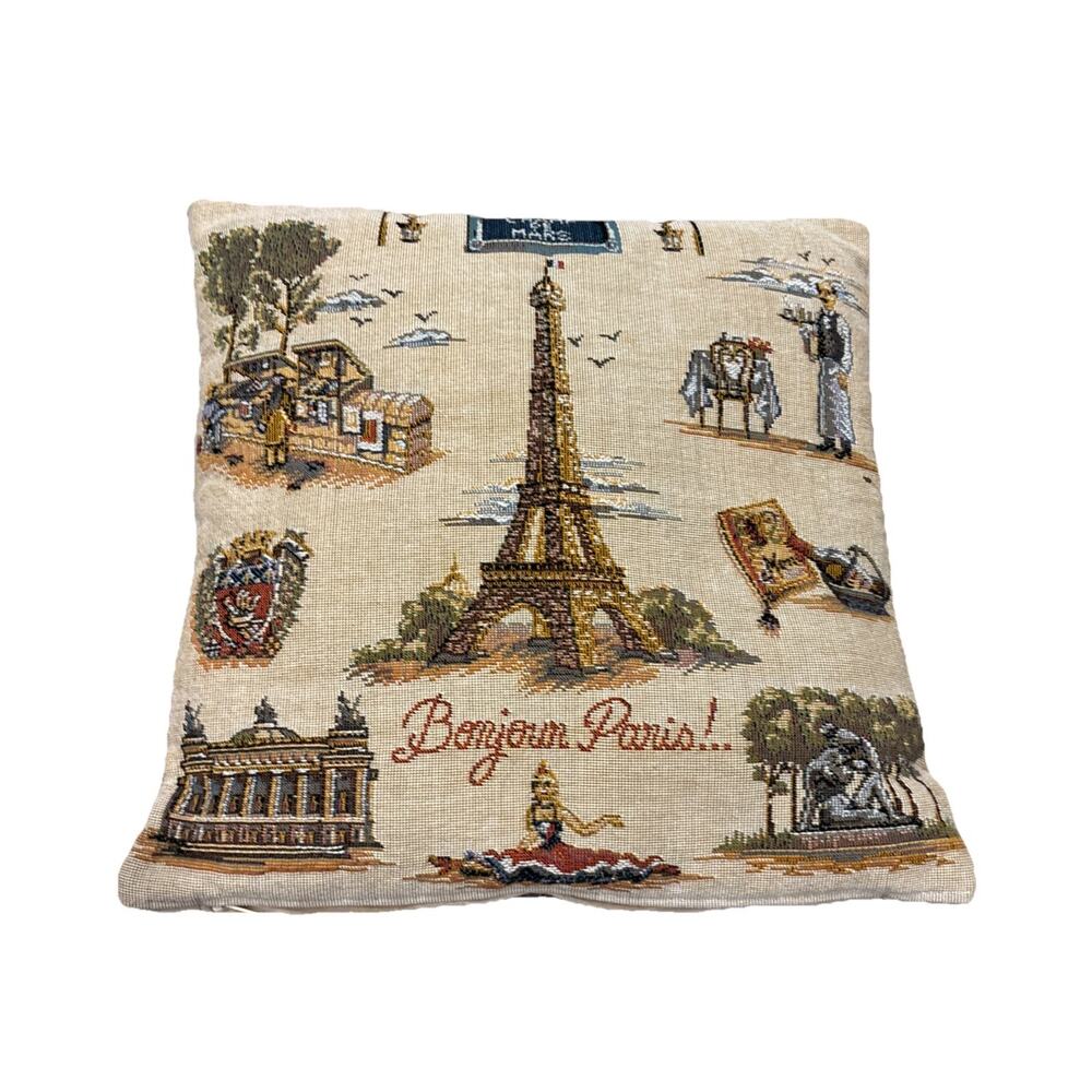 Vintage French Tapestry Souvenir Paris Throw Pillow 12.5” France Art By Goblys